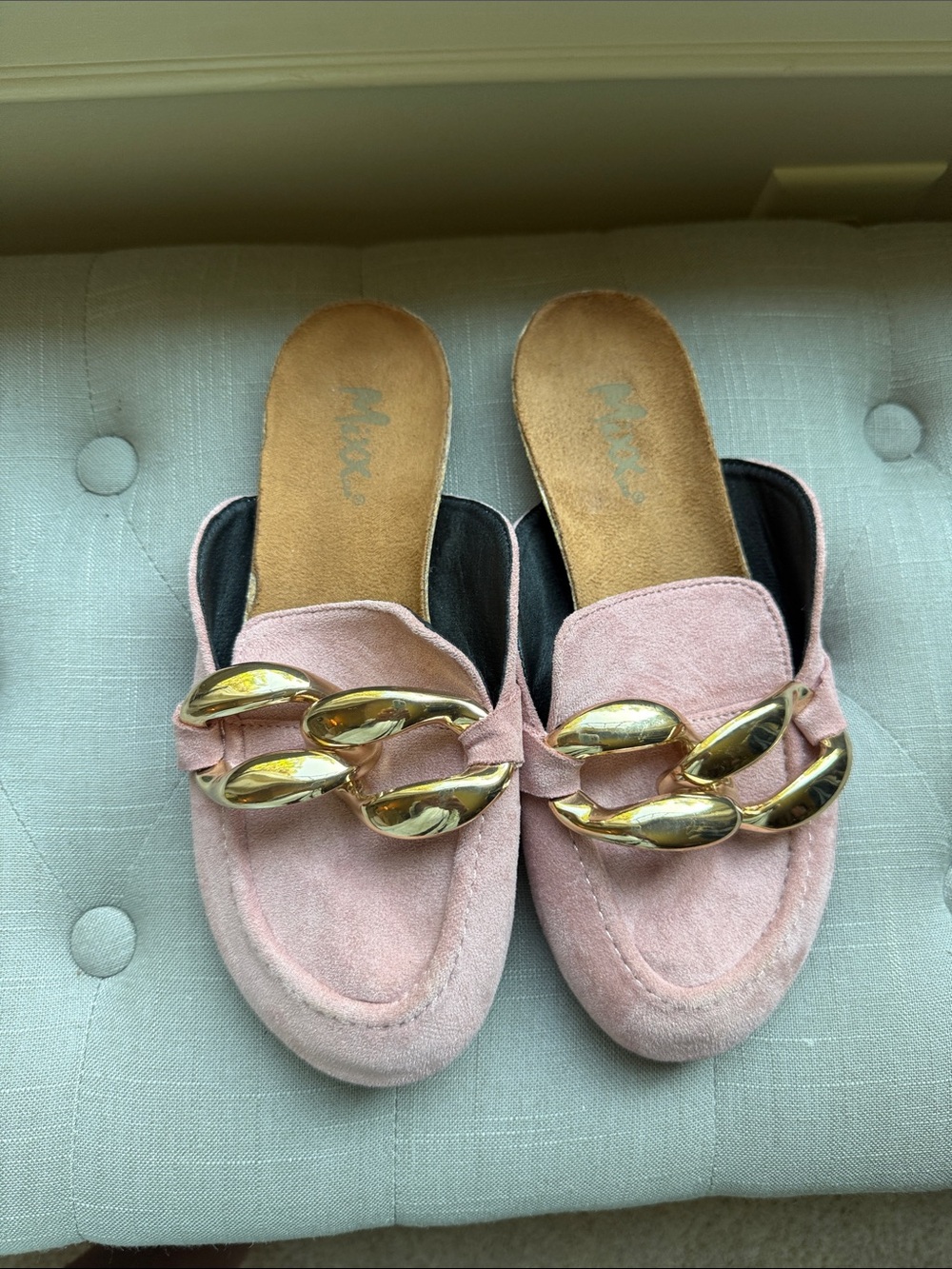 Mixx Pink Suede Slip-On Mules with Gold Chain